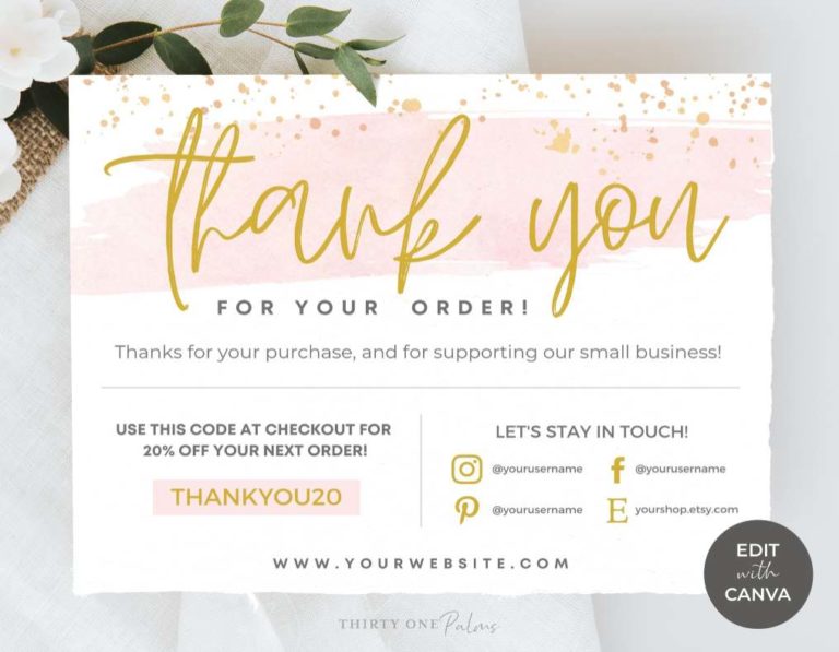 Editable Printable Thank You Card Template for Canva - Pink Watercolor