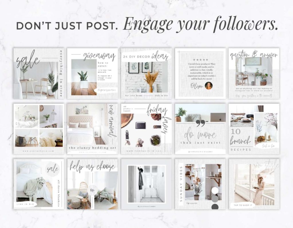 60 Piece Instagram Post Template Set for Canva - White Linen